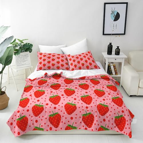 ANHOPE Kawaii Rosa Obst Erdbeer Bettwäsche Set 3 Teilig Weich Bettbezug 155x220 cm & 2 Kissenbezug 80x80 cm Microfaser Bettbezüge Set mit Reißverschluss Bettdeckenbezug für Kinder Mädchen