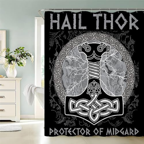 MEVASA Duschvorhang 240x200 Anti Schimmel Lang Duschvorhang Wikinger Hammer Duschvorhang Set mit 12 Ringe Extra Breit Duschvorhang Wasserdicht Waschbar