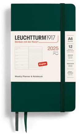 LEUCHTTURM1917 370765 Wochenkalender & Notizbuch Pocket (A6) 2025, Softcover, Forest Green, Englisch