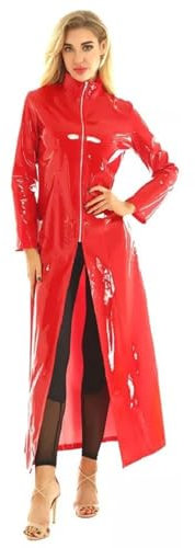 SDGHH-8MMDM Damen PVC Leder Trenchcoat Jacke Mit Reißverschluss Sexy Kleid Body Clubwear Langer Lack Mantel,Rot,M