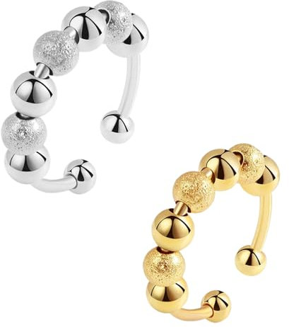 MAEXUS 2 Stück Anti-Stress Ringe,Fidget Ringe,Adjustable Ring,Movable Beads Spinner Ring,Angstlinderung Ring,Entspannungsring,Unisex,Stressreduzierender drehbarer Schmuck (Gold und Silber)