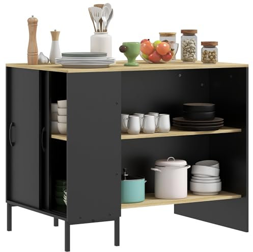 HOMCOM - Aparador bajo isla de cocina, mueble de almacenamiento con portacuchillos lateral, 2 estantes abiertos, 1 armario con puertas correderas, 114,5 x 70 x 90 cm, color negro