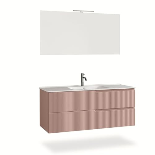 AQA DESIGN mobile bagno composizione 4 pezzi, mobile bagno con lavabo, base sospesa con frontali in MDF cannettato, set mobili bagno nr2 cassetti - Rosa cipria - 121x46,5x190 cm