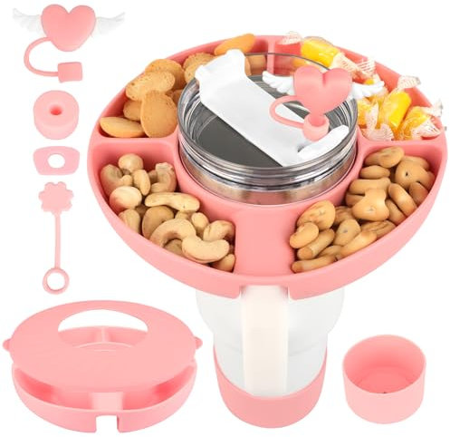 YSWOVUO Snackschale mit Deckel für Stanley Cup 40oz, Silikon Snackteller mit 5 Stück Stanley Cup Zubehör, Stanley Cup Teller mit 4 Fächern, Snack Tablett für Kino Camping Auto Nüsse Candy, Rosa