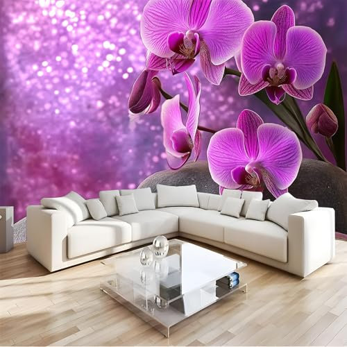 NAWVNMI Abziehbare Und Klebende Tapete, Rosa Orchidee, Deko-Tapete Für Schlafzimmer, Abnehmbares, Selbstklebendes Kontaktpapier, Steinblumen-Akzentwand, Abziehbare Und Klebende Tapete