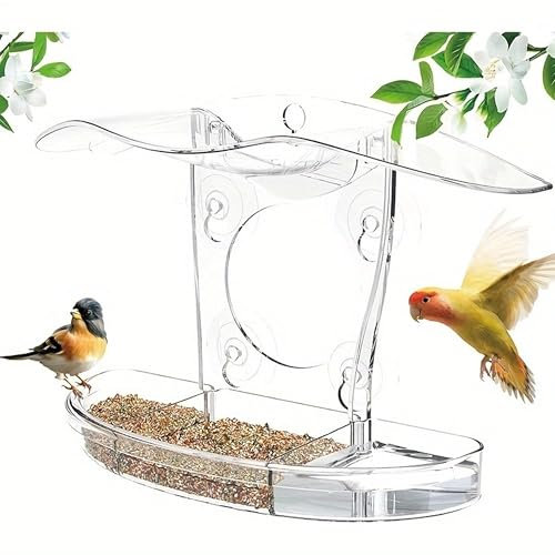 GwaOery Window Bird Feeders Clear Bird House with 4 Strong Suction Cups Sturdy Acrylic Bird Feeders Detachable Seed Tray for Wild Small Birds Unique Gardening Decor Gifts, Elderly Kids Viewing