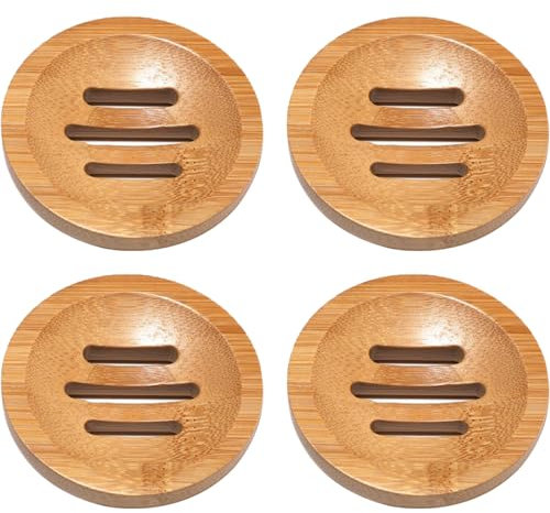 Hintyne Shower Steamers Tray Bamboo Soap Holder, 4PCS 3.2 Inch Natural Bamboo Soap Dish with Drainage Holes, Non Slip Shower Steamers Tray, Round Soap Dish for Shower