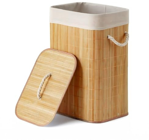 Bamboo Laundry Basket with Lid | 66L Large Collapsible Laundry Baskets | Foldable Corner Bamboo Washing Hamper | Clothes Laundry Hamper Basket with Removeable & Machine-Washable Bag