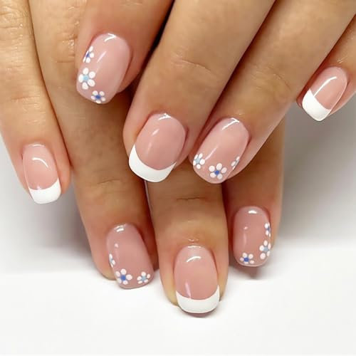 GlamRays 24 Pièces Autocollants Ongles à Pointes Françaises Fleurs Blanches Courtes Faux Ongles Carrés Fleurs Blanches Faux Ongles Brillants Couverture Complète