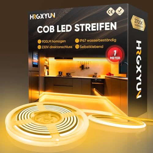 HRGXYUN 230V COB Ruban LED Extérieur, 240 LEDs IP67 Etanche Autocollant, Bande LED 900LM Sans Transformateur Flexible Découpable pour Chambre, Cuisine, Exterieur Décoration, 2700K Blanc chaud, 1m
