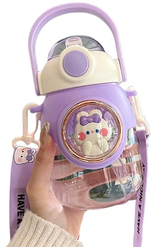 NASSMOSSE Kawaii Water Bottle With Silicone Straw, 820ml Portable Water Bottles With Adjustable Shoulder Strap, Leakproof Cartoon Bottle For Outdoor And Sports