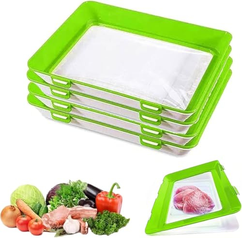 Stretch Storage Fresh Trays, 4Pcs Stackable Cold Meat Containers with Elastic Lid for Fridge Vacuum Food Preservation Tray for Meat Vegetable Fruit (Green)