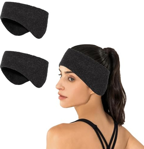 Mayoii 2PCS Winter Sports Headband for Women Running Headband Warm Cozy Fleece Stretchy Running Ear Warmers with Full Cover for Outdoor Sports (Black+Black, One Size)