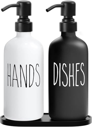 Raddile Glas Seifenspender, 500ml Handseifenspender und Spülmittelspender Set – Bauernhaus Seifenspender Küche mit Tablett – Pumpspender für Badezimmer (Weiß&Schwarz+Schwarz Pumpe)