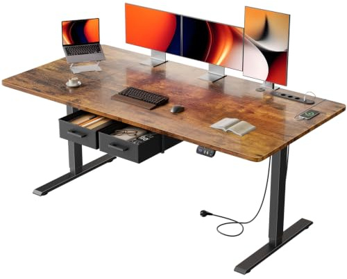 HLONONE Höhenverstellbarer Schreibtisch mit Steckdose, 160x80 cm, Braun | 2 AC-Anschlüsse & 3 USB-Anschlüssen, 2 Schubladen, Memory Funktion, 72-117cm Höhenverstellbarer, für Homeoffice