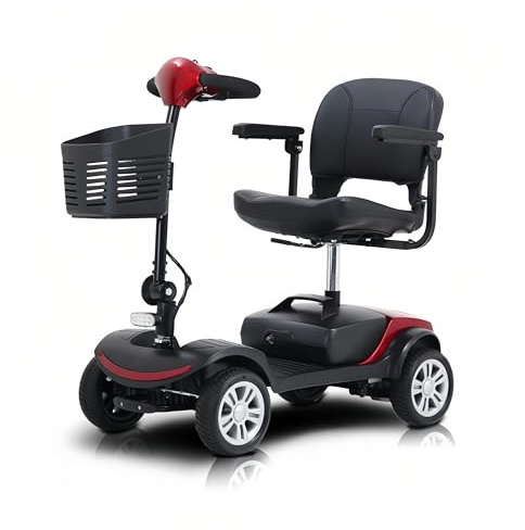TUPOSTAR Faltbarer Elektromobil FüR Senioren, Elektrischer 4-Rad-Scooter FüR Erwachsene, Kompakter Reise-Scooter, Inklusive LadegeräT Und Korb,Rot