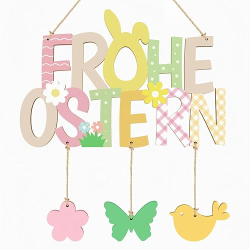 HUKUMA Holz Türschild Frohe Ostern, Ostern Deko Holzschild Haustür Fenster Hängend, Osterdeko Tür Mit Osterhase Ostereier Deko, Frohe Osterdeko Türkranz Holz