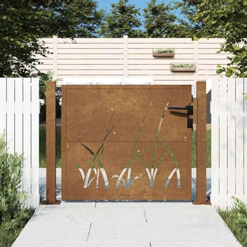 Gartentor 100x100 cm Cortenstahl Gras-Design, robustes Zauntor für Garten und Terrasse, abschließbar mit Pfosten, wetterfest