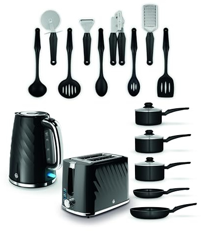 Swan, Kitchen Essentials Bundle with 14 Piece Pan and Tool Set, 1.7L Rapid Boil Kettle and 2 Slice Toaster, Black, EEJB483