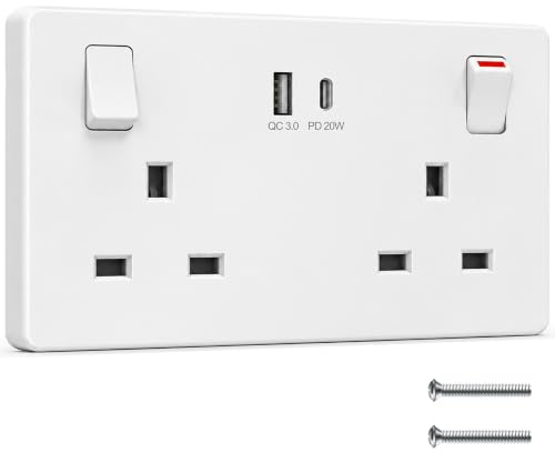 Double Socket with USB C, 2 Gang Wall Socket, Fast Charge PD20W QC3.0 | Screwless 13A UK Plug Socket with USB C and USB A Charging Ports, White Twin Electrical Outlet for Home or Office