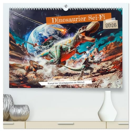 Dinosaurier Sci-Fi - Kampf der Urzeitgiganten im Weltall (hochwertiger Premium Wandkalender 2026 DIN A2 quer), Kunstdruck in Hochglanz: Weltraum-Chaos: Dino-Galaxie in Gefahr (CALVENDO Technologie)