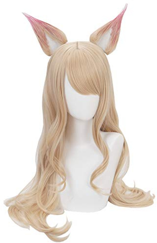 Topcosplay Ahri Perücke mit Ohren Perücke Spiel Charakter Ahri, Lockige Perücke Lang Blond mit Pony für Halloween Kostüm