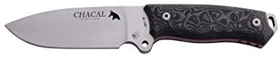 J&V Adventure Knives JV Cuchillo CHACAL MICARTA Negra Funda Piel para Caza, Pesca, Supervivencia y Bushcraft Realizado en Albacete + Portabotellas de Regalo