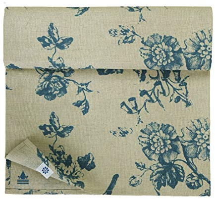 Linen & Cotton Tischläufer Fiore mit Blumen Motiv - 59% Leinen, 41% Baumwolle, Beige Blau (34 x 100 cm) Beschichtet Eckig Läufer Stoff Wasserdicht Fleckschutz Pflegeleicht für Garten Outdoor