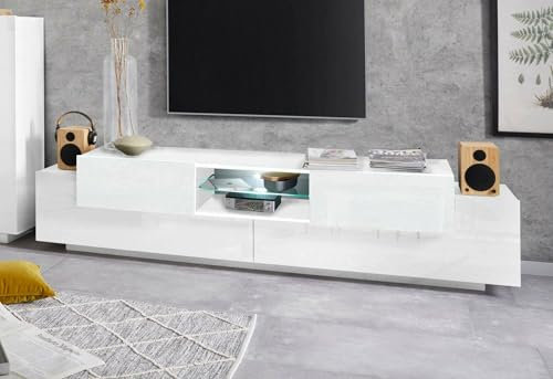 Dmora - Meuble TV Vincenzo, Buffet Bas de Salon, Base pour Meuble TV, 100% Made in Italy, 220x40h51 cm, Blanc Brillant