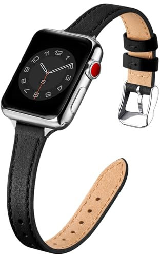 SUNFWR Compatible avec Le Bracelet Apple Watch 41mm 40mm 38mm,Fin Cuir Véritable Femme Bracelet Remplacement,pour iwatch Series 7/6/5/4/3/2/1,SE(38mm 40mm 41mm,Noir&Argent)