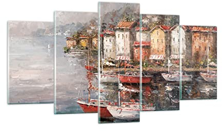 ARTTOR Wandbilder Dekoration Wohnzimmer Meer Hafen Segel Mehrteilige Bilder auf Glas 160x85cm Glasbild Schlafzimmer Küche Set 5 teilige Wand Kunstdruck Art Groß XXL Wanddeko Modern GEA160x85-5136