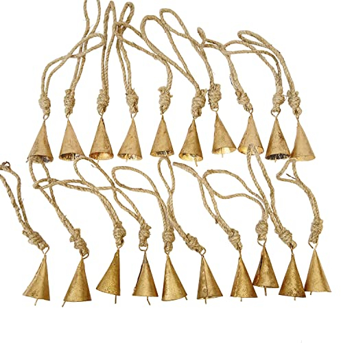 Vivanta 20 Stück Rustikale Goldfarbene Kuhglocken aus Metall mit Juteseil 5,1 cm – kleine Glöckchen zum Basteln, Kegelglocken zum Basteln, Weihnachtsglocken, Ornamente, Hexenglocken