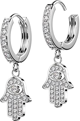 beyoutifulthings 1 Paar Damen Creolen Ohr-Hänger Anhänger Hamsa-Hand Pavé Zirkonia Clear Ohr-ringe Ohr-stecker Ohringe Silber