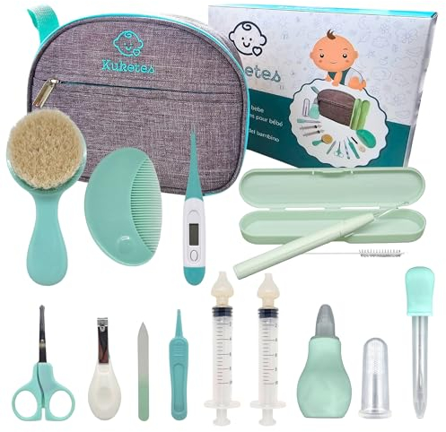 Kuketes – Trousse de Soin Bébé Naissance Set de Toilette Bébé,13 pièces avec lime à ongles, ciseaux, tire-tique, seringue pour bébé, brosse, peigne. Complet pour le voyage et l'usage quotidien.