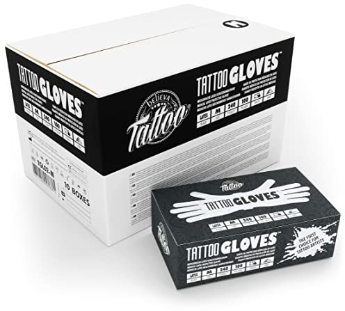 believa Tattoo Latex Einweghandschuhe Schwarz, 1000er Box (10 x 100 Stück) Puderfrei in M