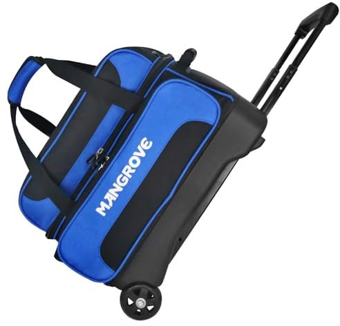 Mangrove Bowlingtasche mit Rollen, doppelte Bowlingtaschen, 2 Ballrollen mit separatem Fach für Schuhe (bis US-Herrengröße 15), Zubehörtasche und einziehbar, ausziehbar bis 101,6 cm, Blau