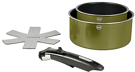 Sitram 715710 Lot de 2 Casseroles Aluminium Recyclé Ø 16 et 20 cm colori Vert Metallisé Revêtement intérieur anti-adhésif sans PFOA + manche amovible + 1 feutrine - Tous feux dont induction