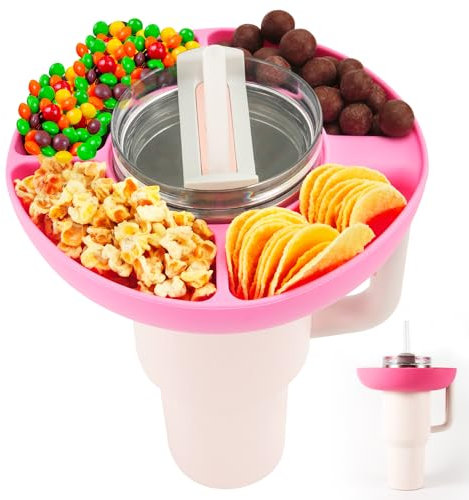 Snack Bowl for Stanley 40 oz Tumbler, Reusable Snack Storage Top Ring Candy Tray Nuts Platter Containers Box with 4 Compartments for Food Topper Plate Cup Holder for Stanley Cup Accessories (Pink)