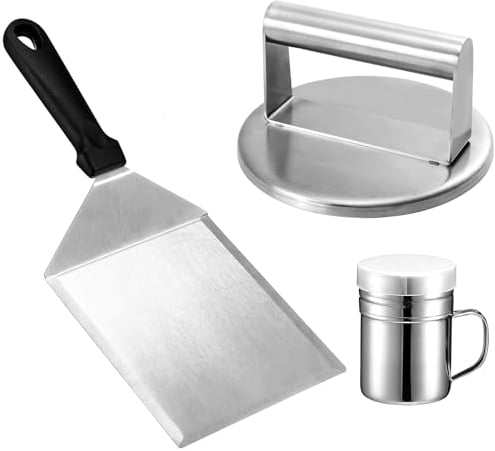 GWHOLE Smashed Burger Kit,Stainless Steel Grill Spatula, Burger Patty Press Turner,Spice Pot Burger Smasher Griddle Accessories Kit for Flat Top Griddle Grill Cooking Gift Package