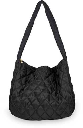 FuninCrea Quilted Tote Bag for Women, Nylon Large Tote Bag Puffy Tote Bag with Zipper, Lattice Pattern Quilted Handbags Shoulder Bag with Wide Handle for Commuting, Dating, Shopping (black)