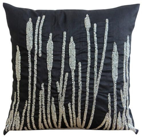 The HomeCentric Noir Taie d'oreiller Decoratif, Perle Millet Herbe Conception Couverture D'Oreillers, Lot de 2, 40x40 cm Housses De Coussin, Carre Soie Oreillers Couvre pour Canape - Black Beauty