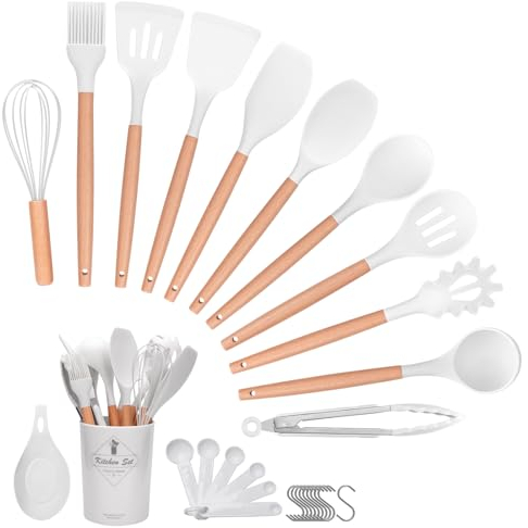 Helterfolg Utensilios Cocina de Silicona, 29 piezas juego de utensilios de cocina de silicona de con soporte para utensilios, mango de madera antiadherente resistente al calor (Blanco Crema)