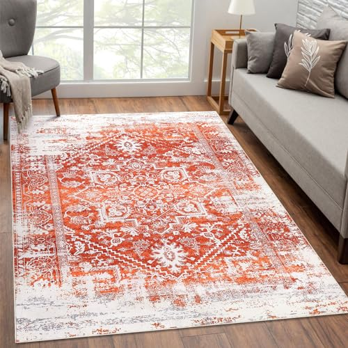 LuxFocus Farbverlaufs Retro Teppich, 120 x 170 cm Rechteckig Orange Orientalisches Schneeflocken-Medaillon im Used-Look Fusselfrei für Wohnzimmer Schlafzimmer Esszimmer Zuhause, Büro