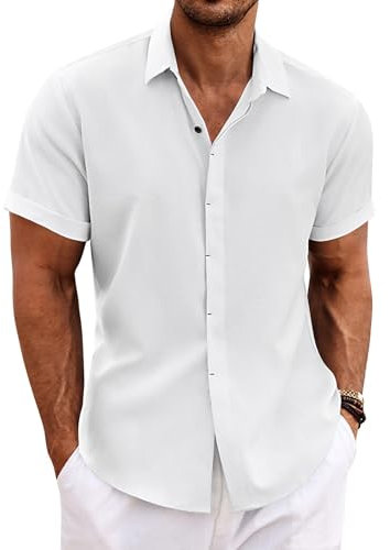 COOFANDY Men's Shirts Short Sleeve Linen Summer Button Down Casual Beach Smart Shirt White L