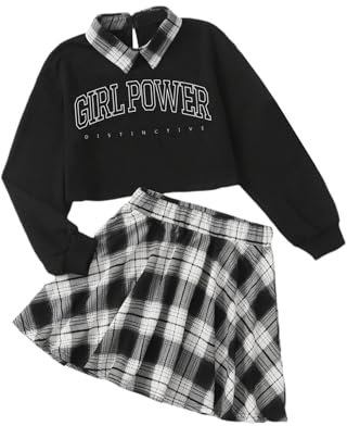 Momkonzz Ensemble jupe à carreaux pour filles - Imprimé - Haut polo - 7-14 ans, Ensemble à carreaux noirs, 11-12 ans