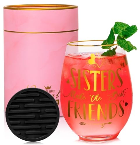 Biching Sister Birthday Gifts, Friendship Birthday Gifts for Women, Sisters Make The Best Friends - 18oz Stemless Wine Glass Gift Set with Lovely Presentation Package, Wine Glasses Gift Ideas for Her