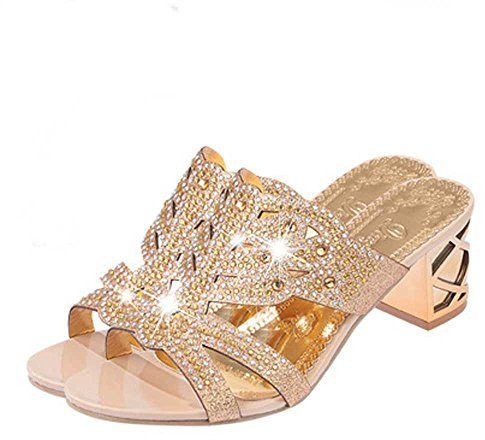 UnoSheng Scarpe da donna stivaletti sexy da donna con strass pantofole da donna alla moda con punta aperta scarpe boheme tacchi con plateau scarpe da donna estive, oro rosa, 39 EU