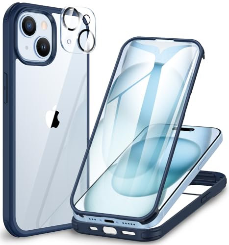 CENHUFO Compatible with iPhone 15 Case Built-in Glass Screen Protector with Camera Lens Protector, 360°Full Body Heavy Duty Protective Phone Case for iPhone 15 Case Shockproof -Ocean Blue