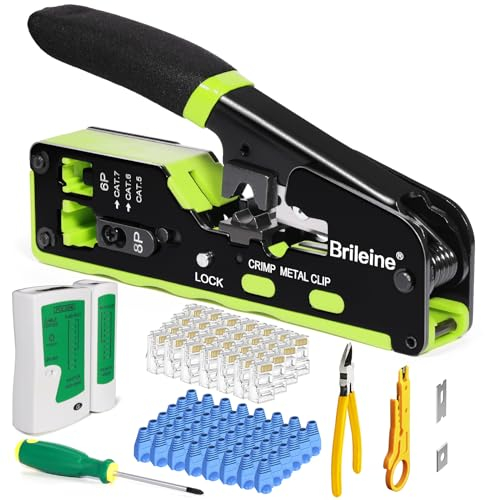 Brileine Ethernet-Crimpwerkzeug-Set, RJ45-Crimpwerkzeug-Set für Cat6/Cat 5/RJ45-Stecker mit 50 RJ45-Pass-Through-Steckern, 50 Abdeckungen, Mini-Abisolierzange (Ethernet-Crimper)