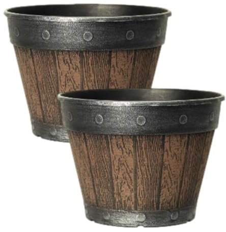 Fyne-Finds Set of 2 Round Barrel Planter Brown Chestnut 20cm, 8inch Plastic Pot 3L Outdoor Drainage Hole Tub
